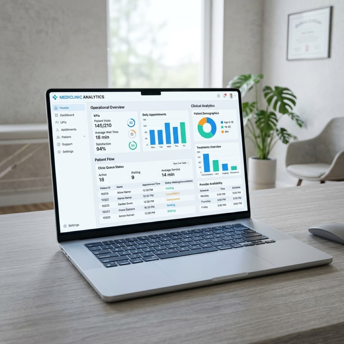 Qubito clinical analytics dashboard on a laptop mockup